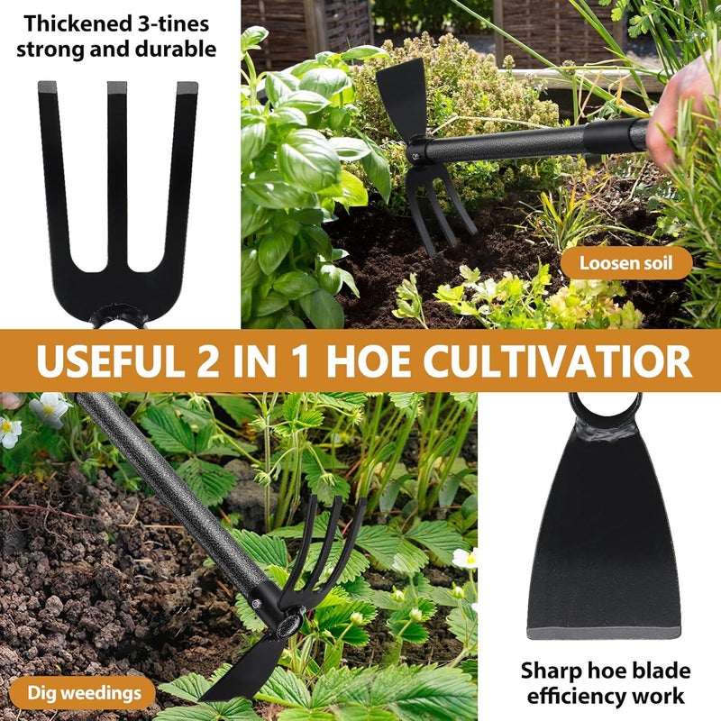 PoPoHoser Garden Hoe Tool, 2-in-1 Heavy Duty Dual-Head Weeding Tool, 45" Adjustable Long Handle Cultivator for Weeding, Tilling, Lawn Yard Flower Bed Gardening Tool - Image 2